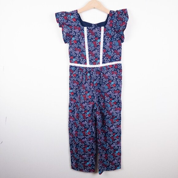 Janie and Jack Floral Print Wide Leg Jumpsuit Lace Trim Navy Red Girls Size 5 - Picture 1 of 6